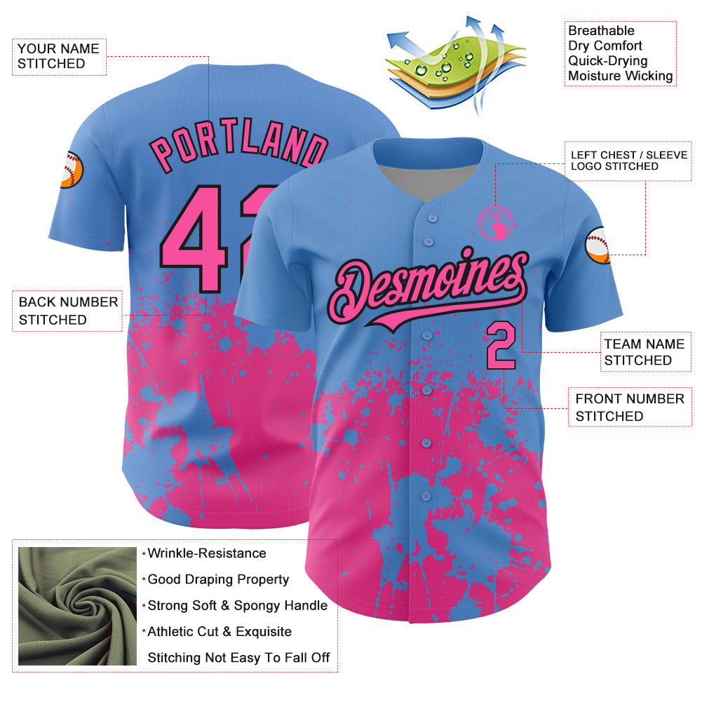 Custom Light Blue Pink-Black 3D Pattern Design Abstract Splash Grunge Art Authentic Baseball Jersey view 3