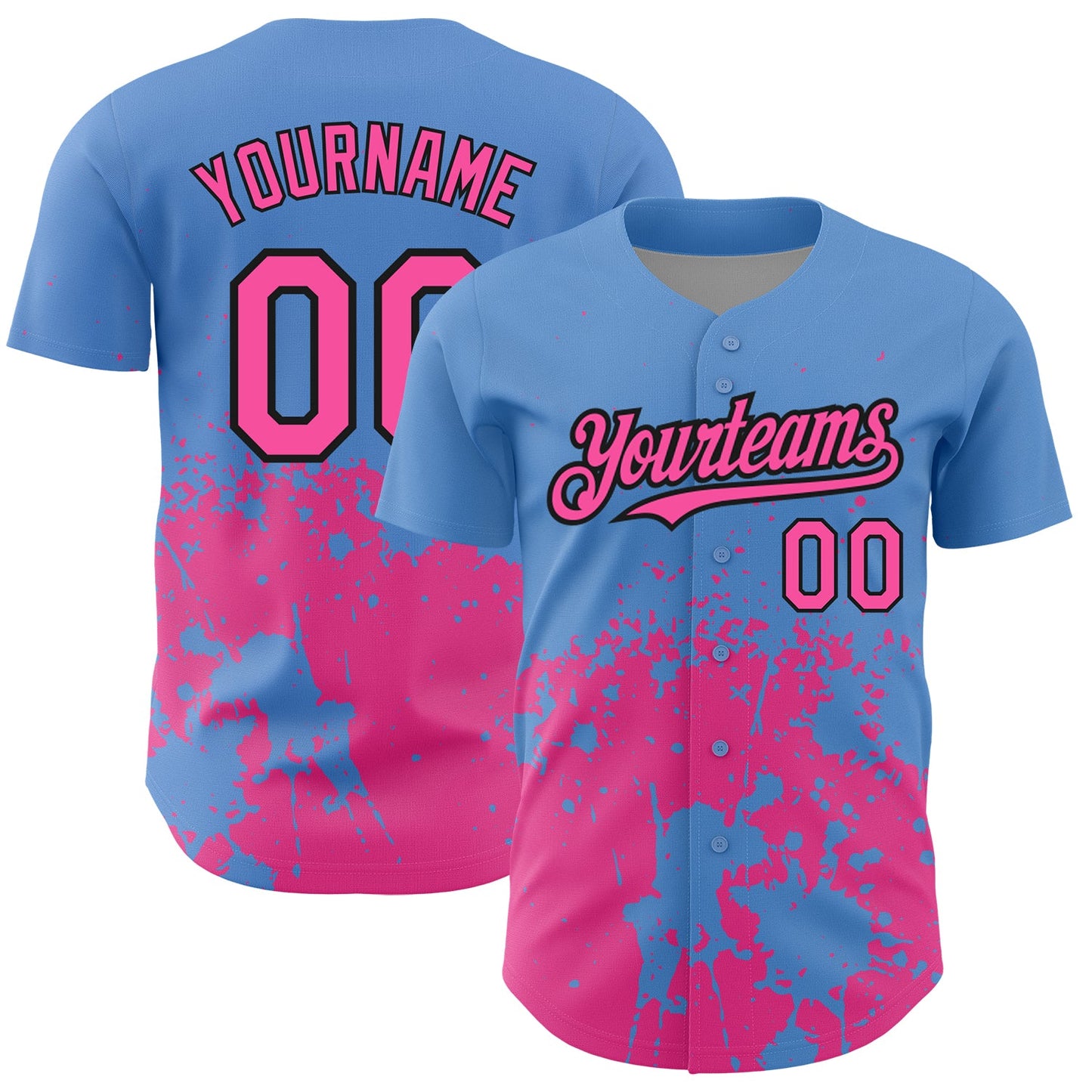 Custom Light Blue Pink-Black 3D Pattern Design Abstract Splash Grunge Art Authentic Baseball Jersey - Main View