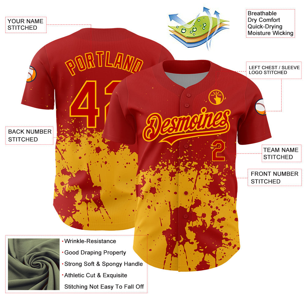 Custom Red Gold 3D Pattern Design Abstract Splash Grunge Art Authentic Baseball Jersey view 3