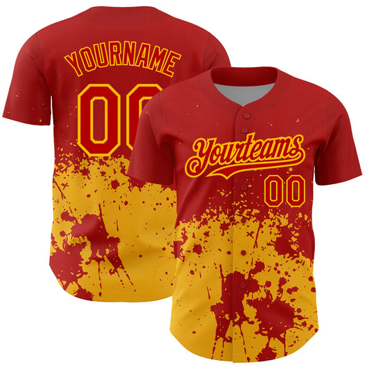Custom Red Gold 3D Pattern Design Abstract Splash Grunge Art Authentic Baseball Jersey - Main View