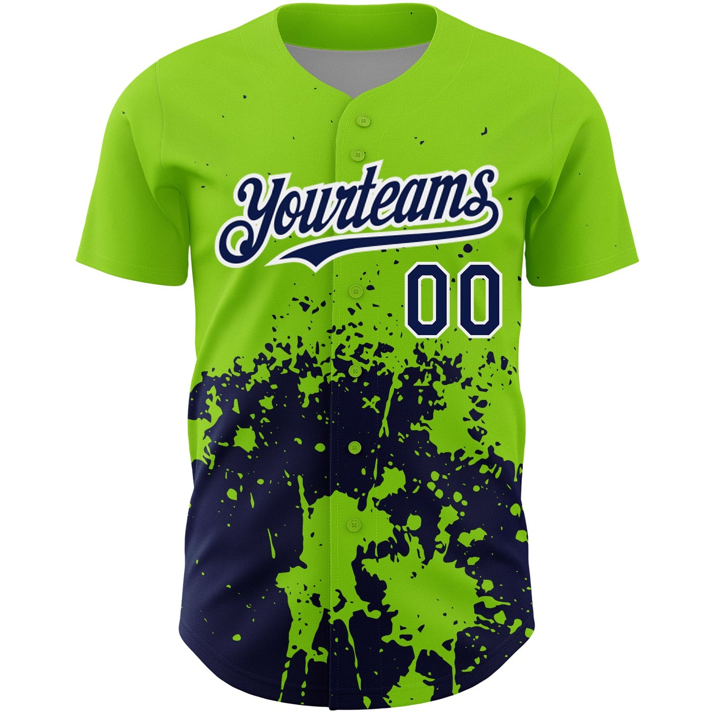 Custom Neon Green Navy-White 3D Pattern Design Abstract Splash Grunge Art Authentic Baseball Jersey view 2