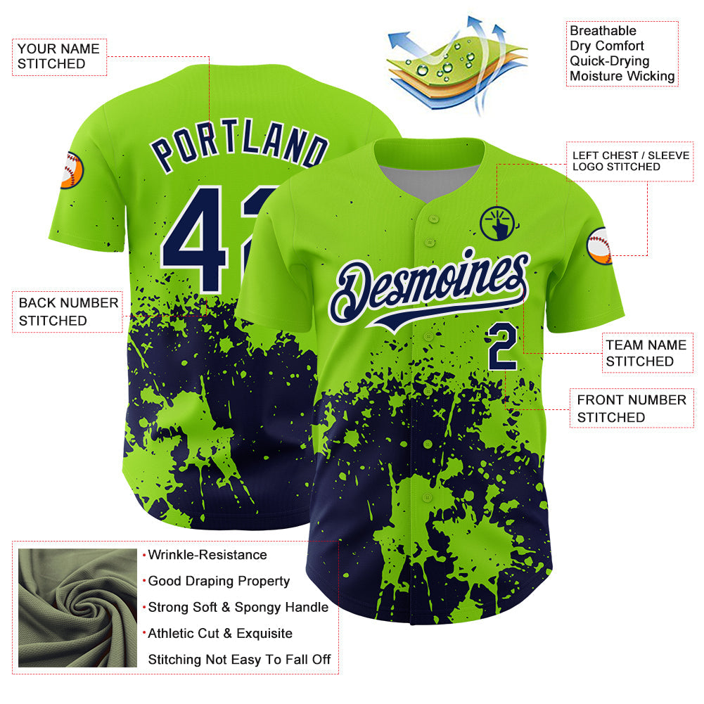 Custom Neon Green Navy-White 3D Pattern Design Abstract Splash Grunge Art Authentic Baseball Jersey view 3