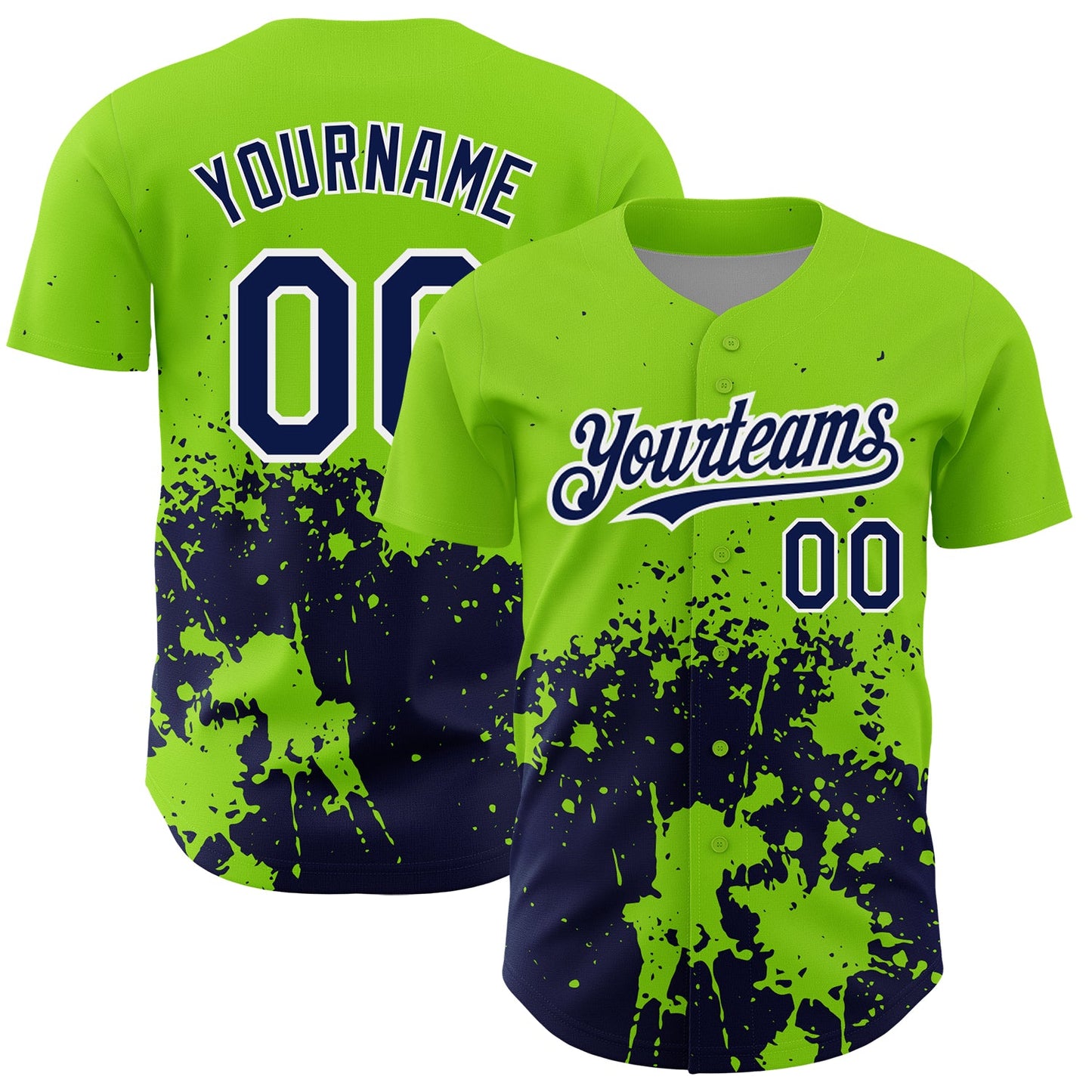 Custom Neon Green Navy-White 3D Pattern Design Abstract Splash Grunge Art Authentic Baseball Jersey - Main View