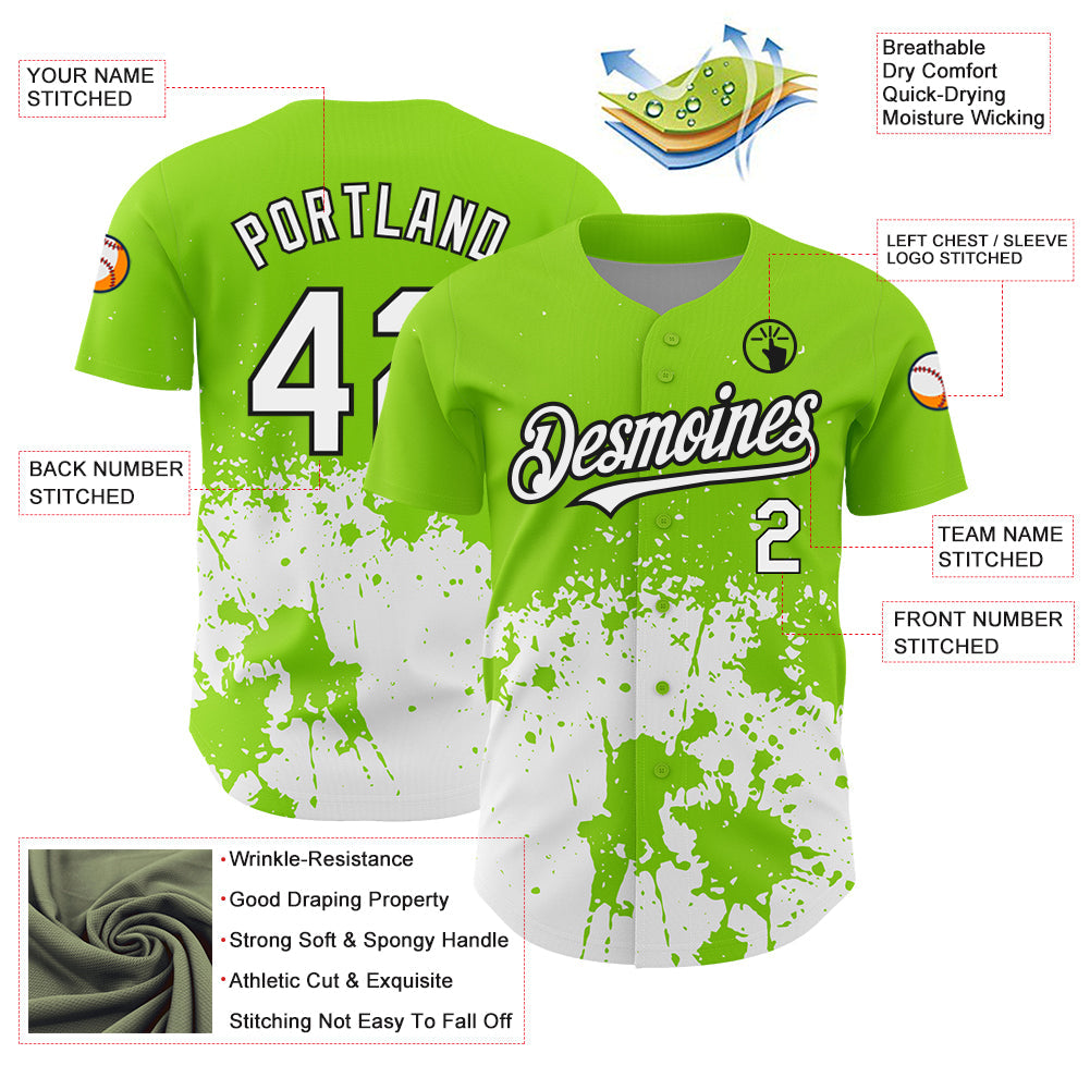 Custom Neon Green White-Black 3D Pattern Design Abstract Splash Grunge Art Authentic Baseball Jersey view 3