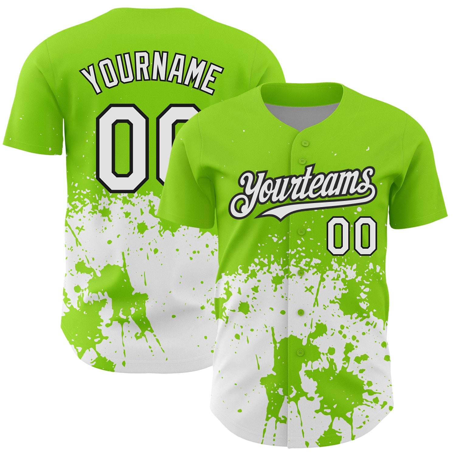 Custom Neon Green White-Black 3D Pattern Design Abstract Splash Grunge Art Authentic Baseball Jersey - Main View