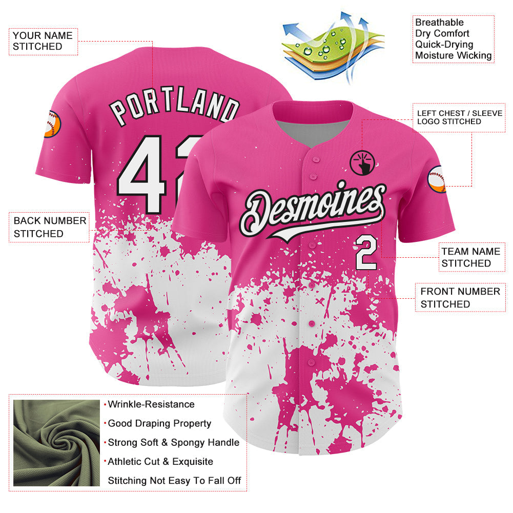Custom Pink White-Black 3D Pattern Design Abstract Splash Grunge Art Authentic Baseball Jersey view 3