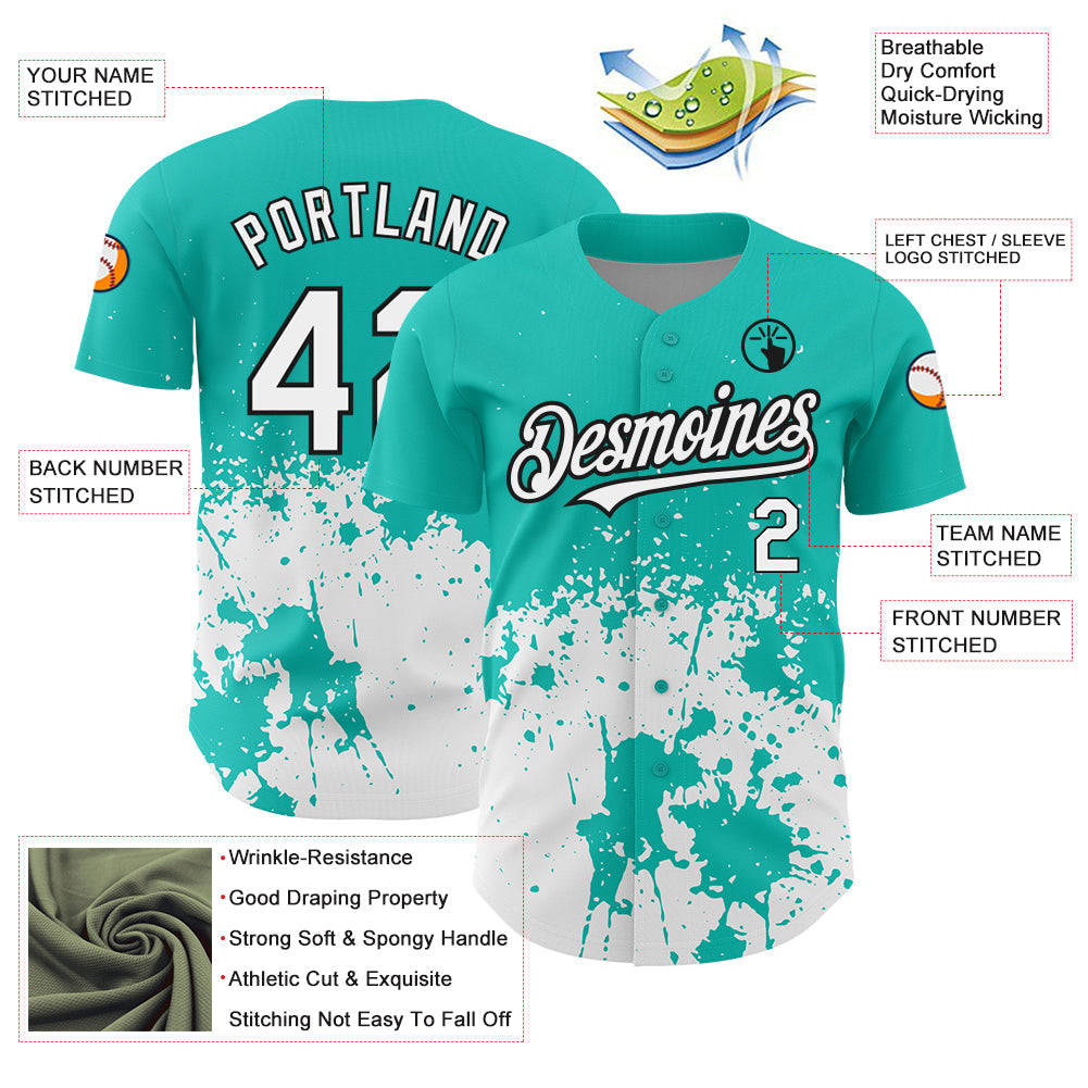 Custom Aqua White-Black 3D Pattern Design Abstract Splash Grunge Art Authentic Baseball Jersey view 3