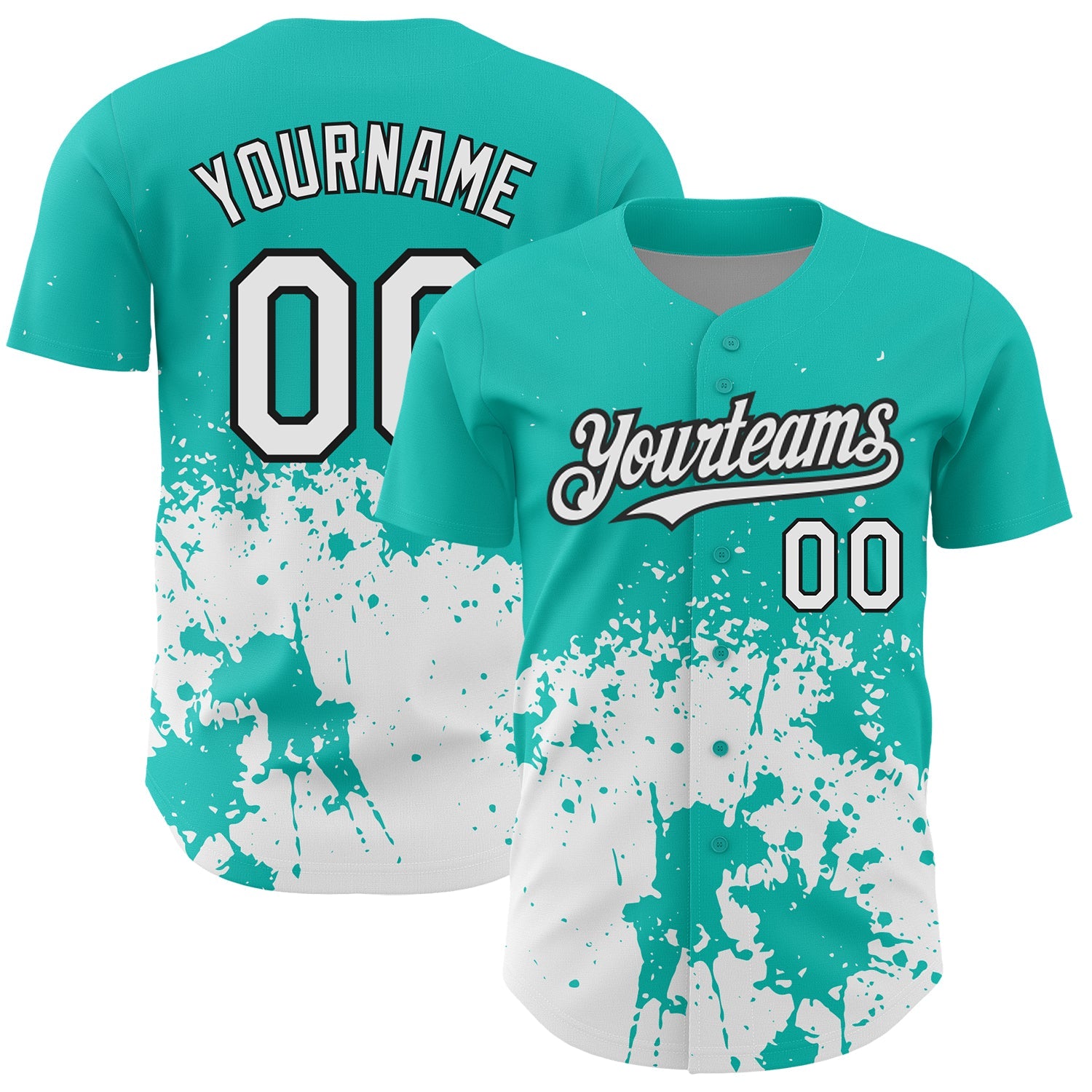 Custom Aqua White-Black 3D Pattern Design Abstract Splash Grunge Art Authentic Baseball Jersey - Main View