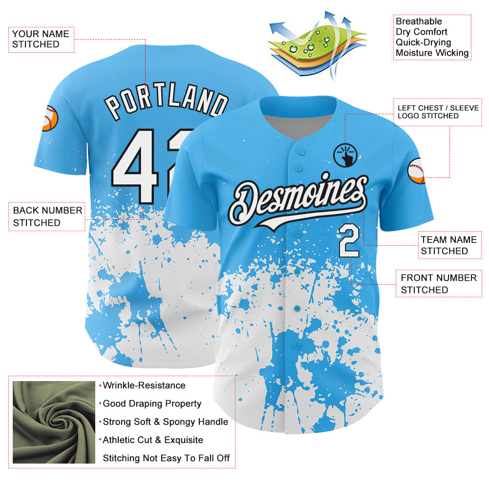 Custom Sky Blue White-Black 3D Pattern Design Abstract Splash Grunge Art Authentic Baseball Jersey view 3
