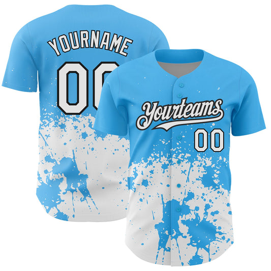 Custom Sky Blue White-Black 3D Pattern Design Abstract Splash Grunge Art Authentic Baseball Jersey - Main View