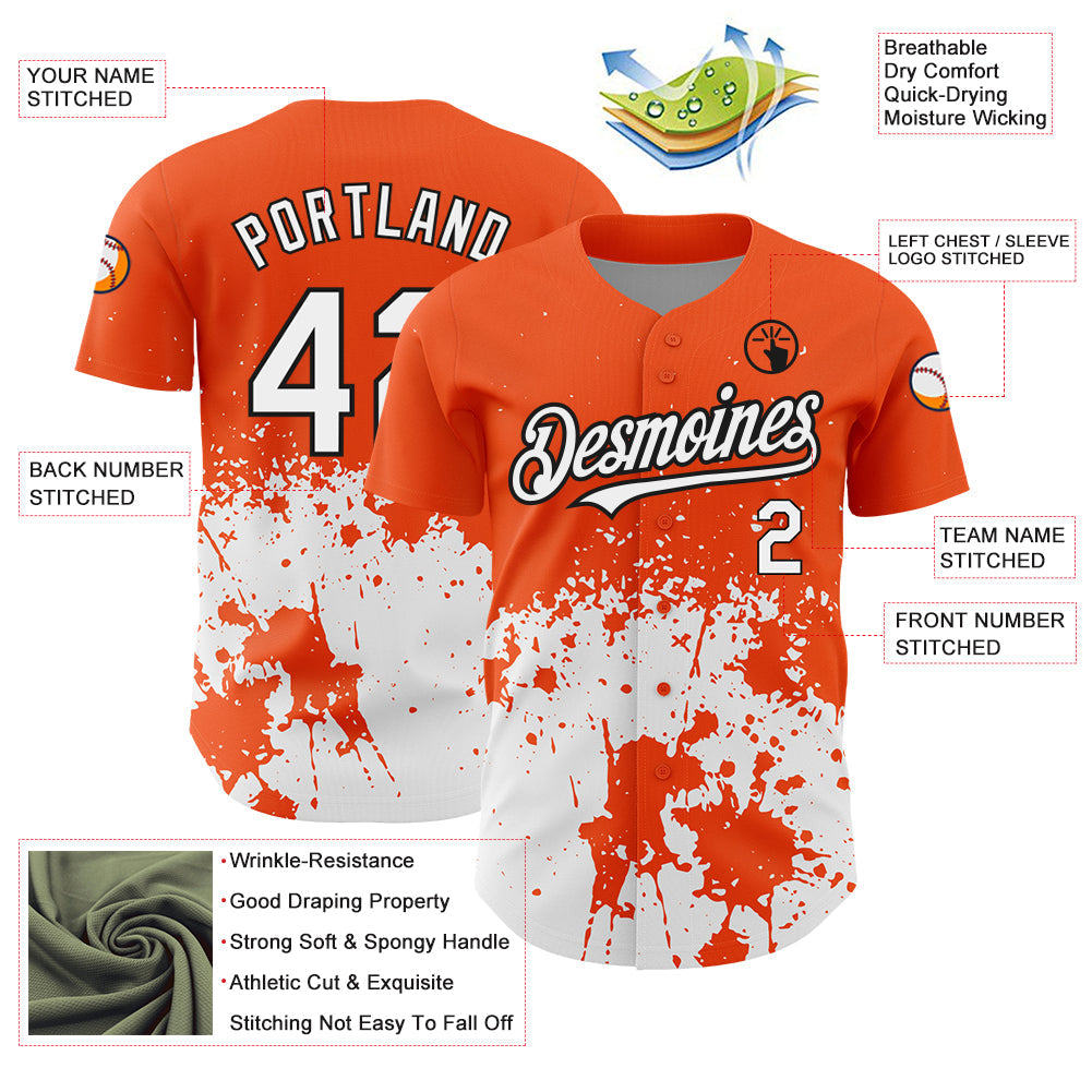 Custom Orange White-Black 3D Pattern Design Abstract Splash Grunge Art Authentic Baseball Jersey view 3