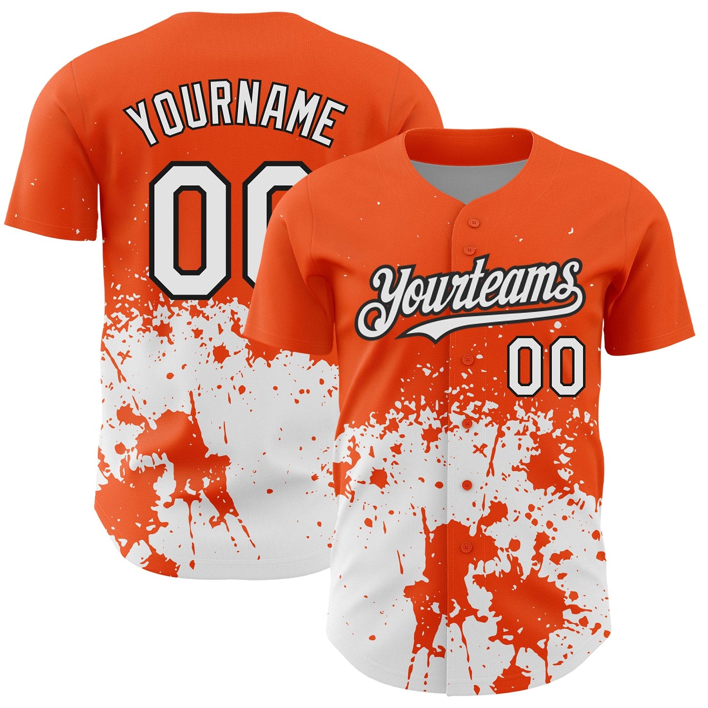 Custom Orange White-Black 3D Pattern Design Abstract Splash Grunge Art Authentic Baseball Jersey - Main View