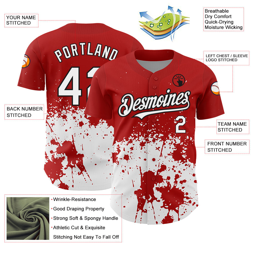 Custom Red White-Black 3D Pattern Design Abstract Splash Grunge Art Authentic Baseball Jersey view 3