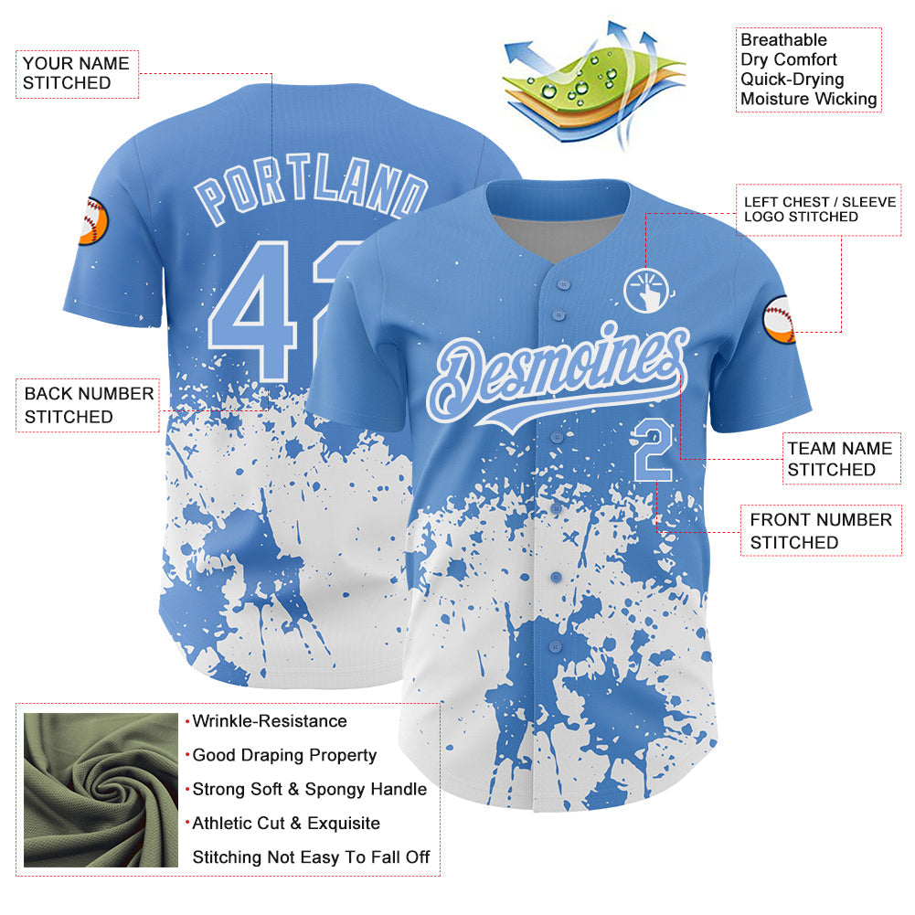Custom Light Blue White 3D Pattern Design Abstract Splash Grunge Art Authentic Baseball Jersey view 3