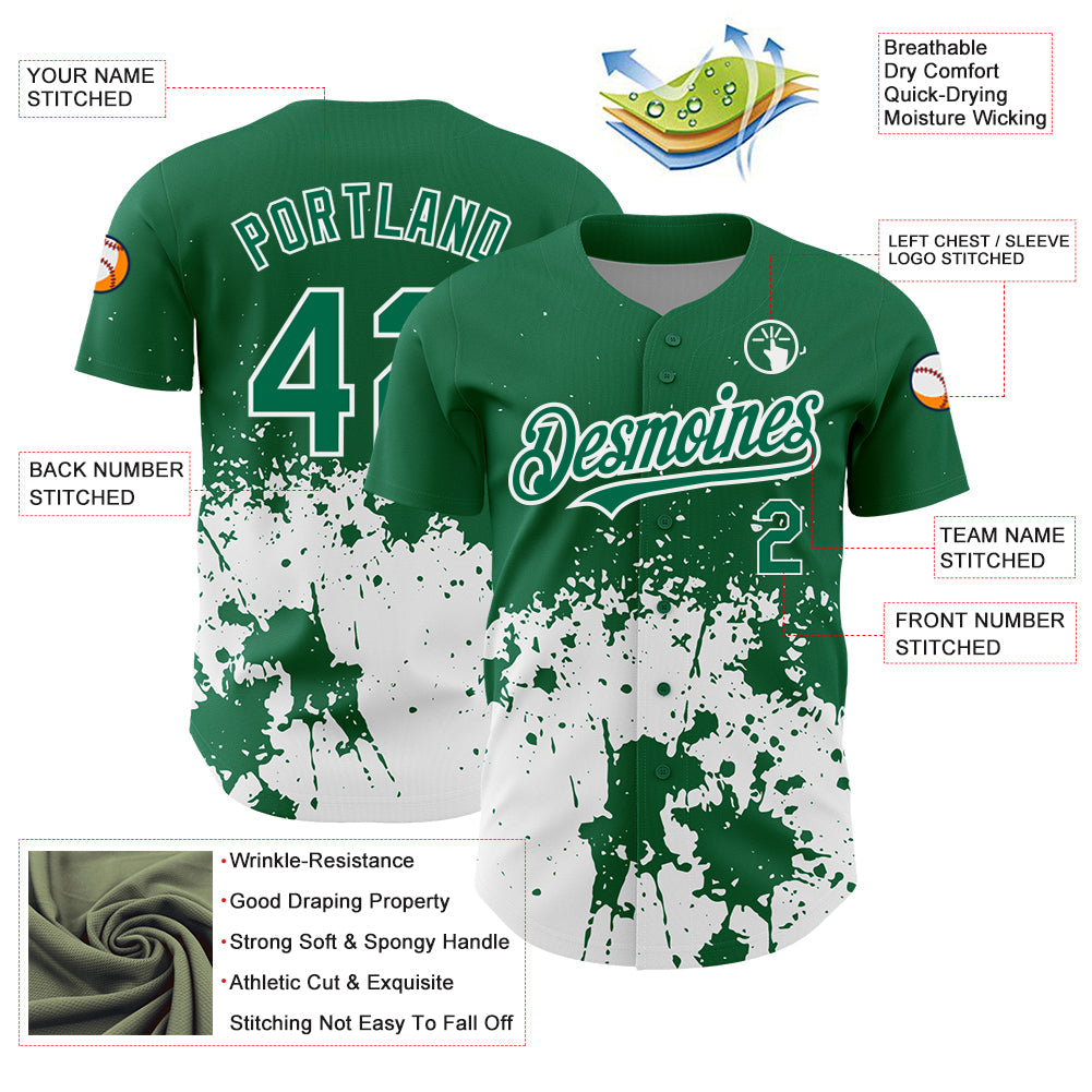 Custom Kelly Green White 3D Pattern Design Abstract Splash Grunge Art Authentic Baseball Jersey view 3