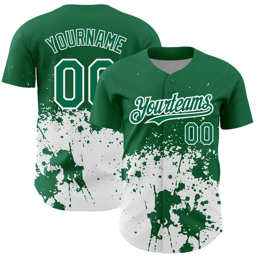 Custom Kelly Green White 3D Pattern Design Abstract Splash Grunge Art Authentic Baseball Jersey - Main View