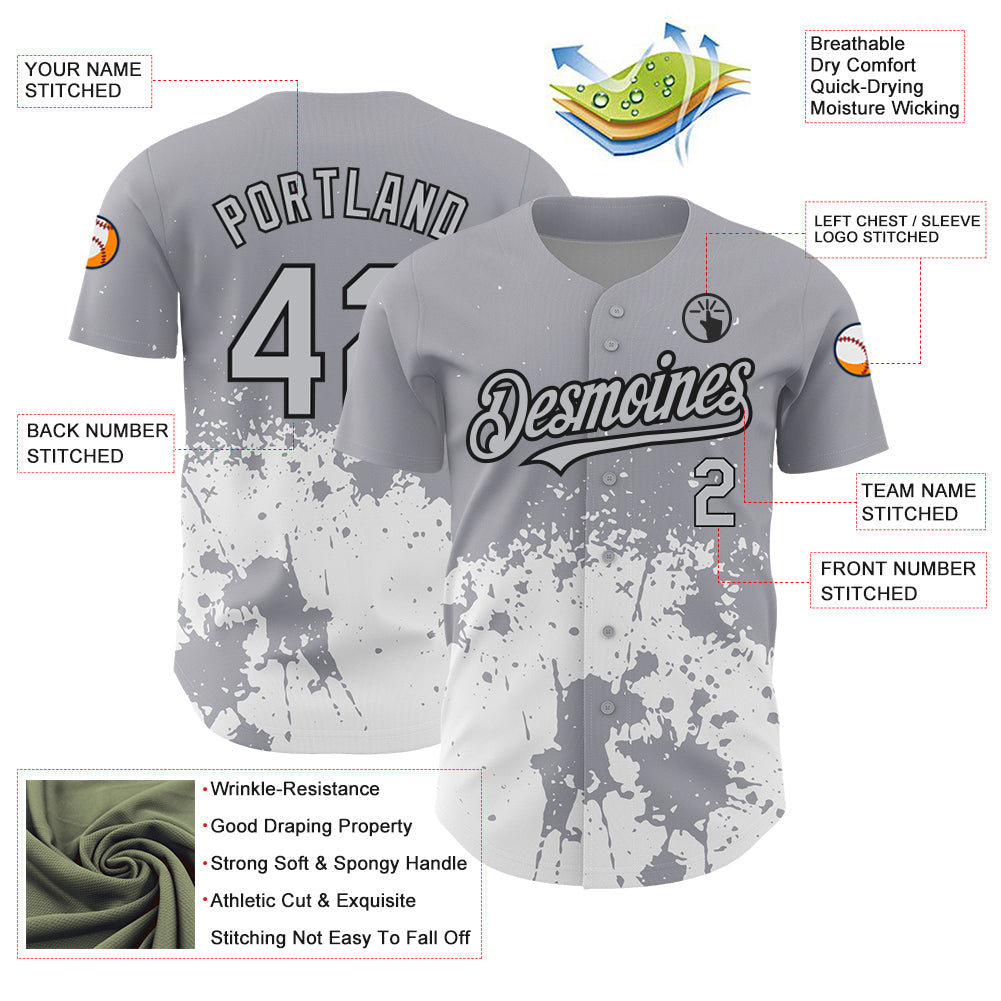 Custom Gray Black-White 3D Pattern Design Abstract Splash Grunge Art Authentic Baseball Jersey view 3