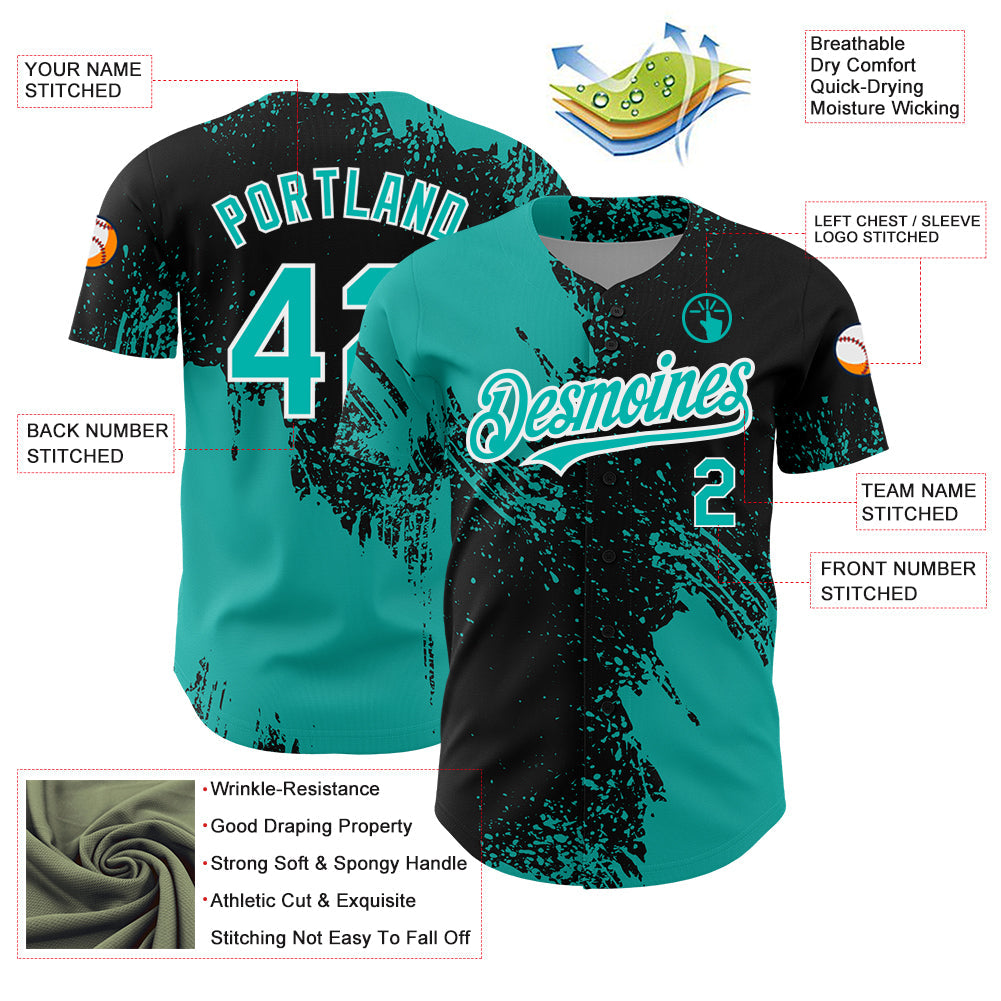 Custom Black Aqua-White 3D Pattern Design Abstract Brush Stroke Authentic Baseball Jersey view 3
