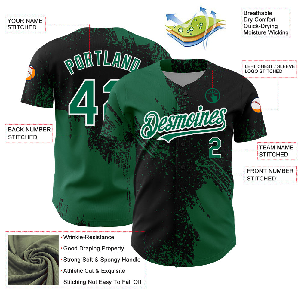 Custom Black Kelly Green-White 3D Pattern Design Abstract Brush Stroke Authentic Baseball Jersey view 3