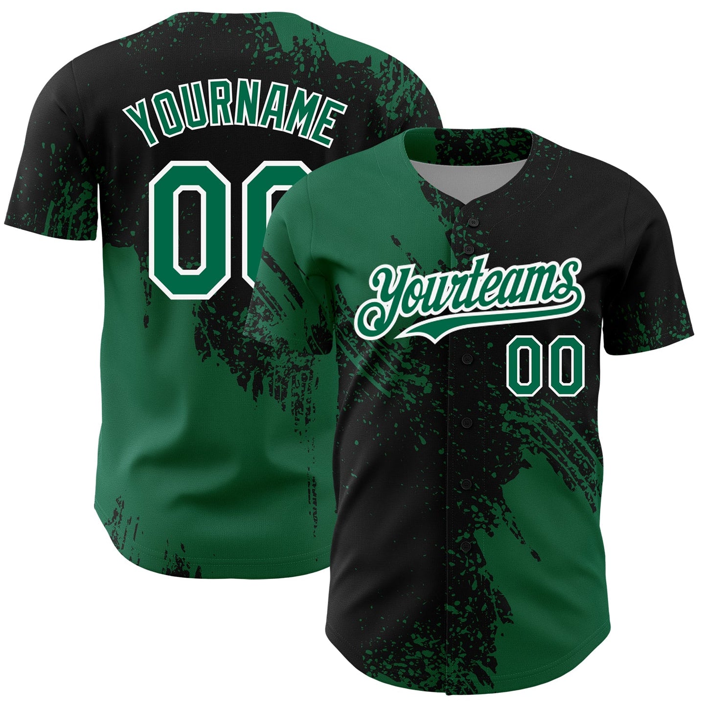 Custom Black Kelly Green-White 3D Pattern Design Abstract Brush Stroke Authentic Baseball Jersey - Main View