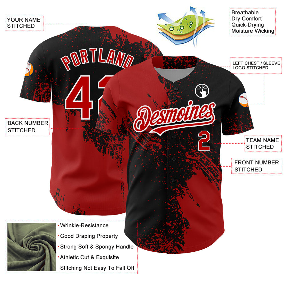 Custom Black Red-White 3D Pattern Design Abstract Brush Stroke Authentic Baseball Jersey view 3