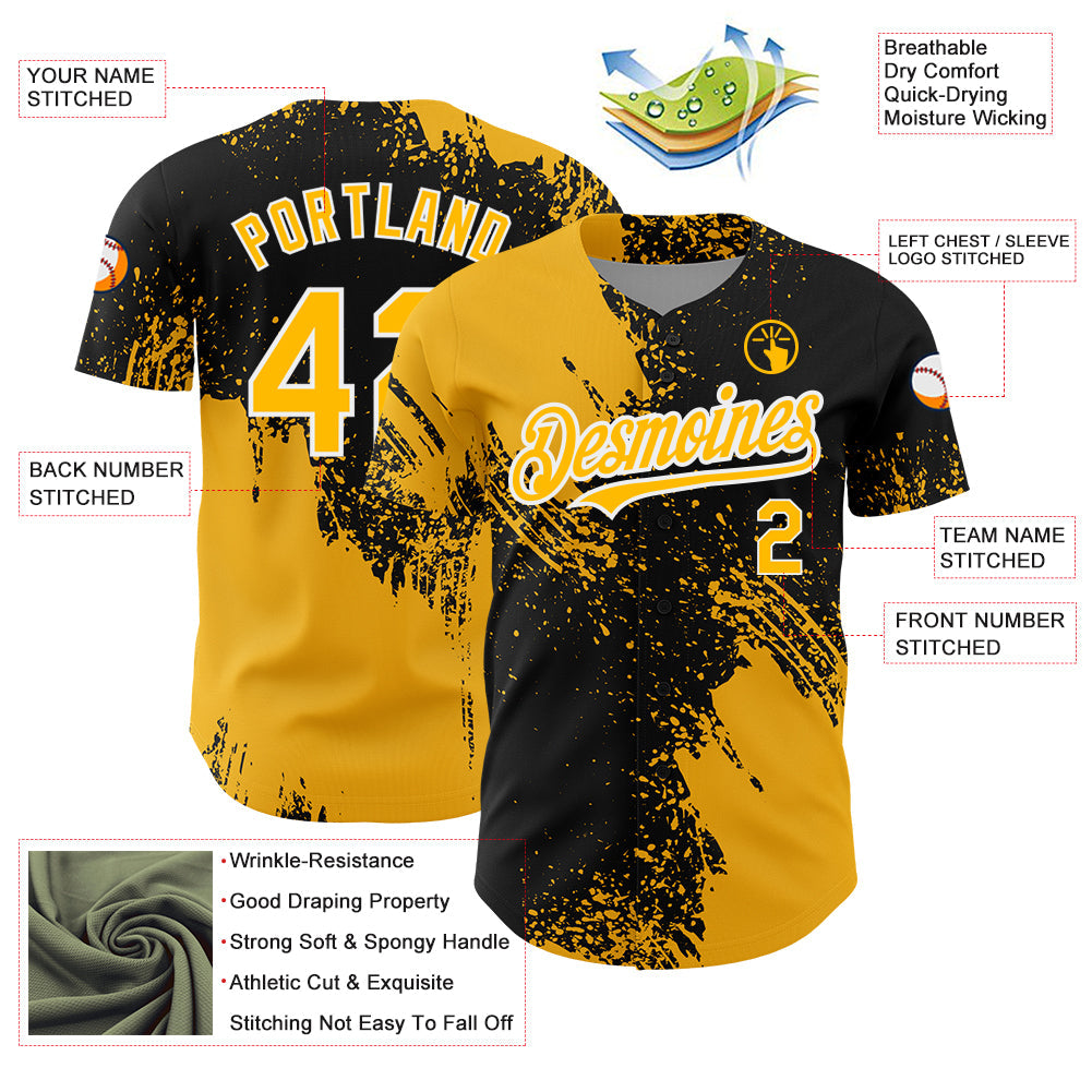 Custom Black Gold-White 3D Pattern Design Abstract Brush Stroke Authentic Baseball Jersey view 4