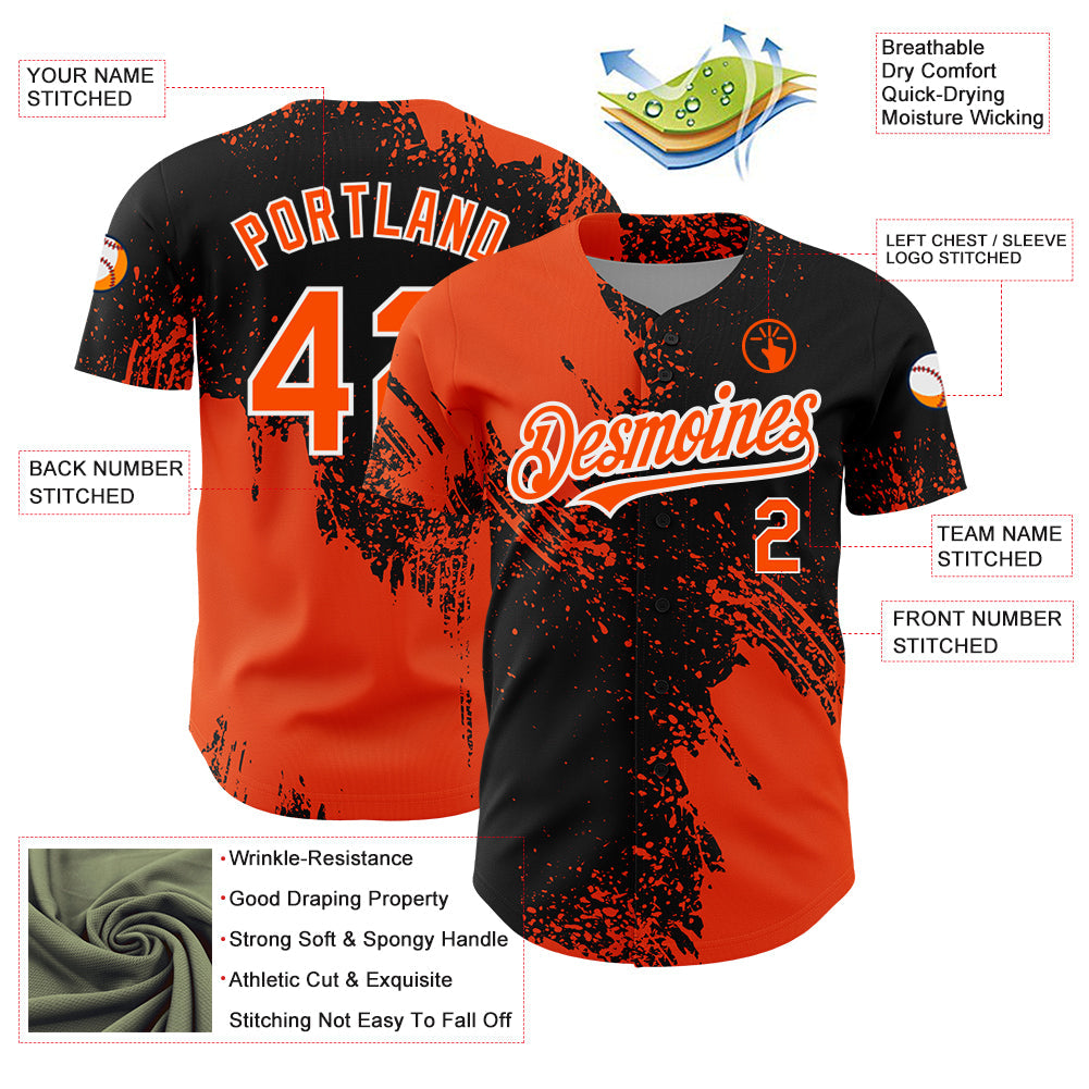 Custom Black Orange-White 3D Pattern Design Abstract Brush Stroke Authentic Baseball Jersey view 3