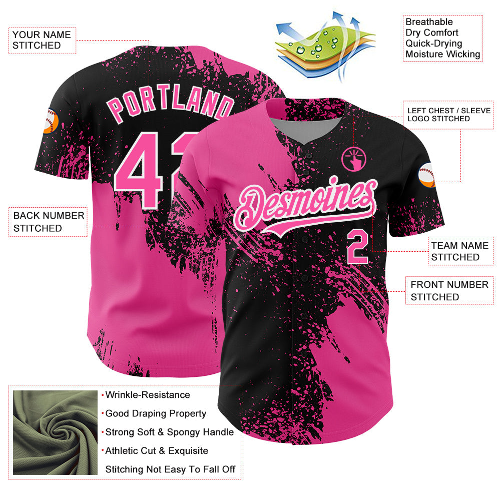 Custom Black Pink-White 3D Pattern Design Abstract Brush Stroke Authentic Baseball Jersey view 3