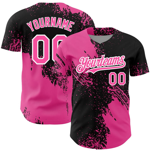 Custom Black Pink-White 3D Pattern Design Abstract Brush Stroke Authentic Baseball Jersey - Main View