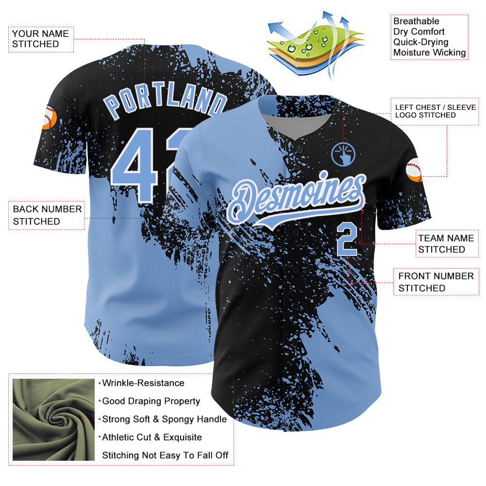 Custom Black Light Blue-White 3D Pattern Design Abstract Brush Stroke Authentic Baseball Jersey view 3