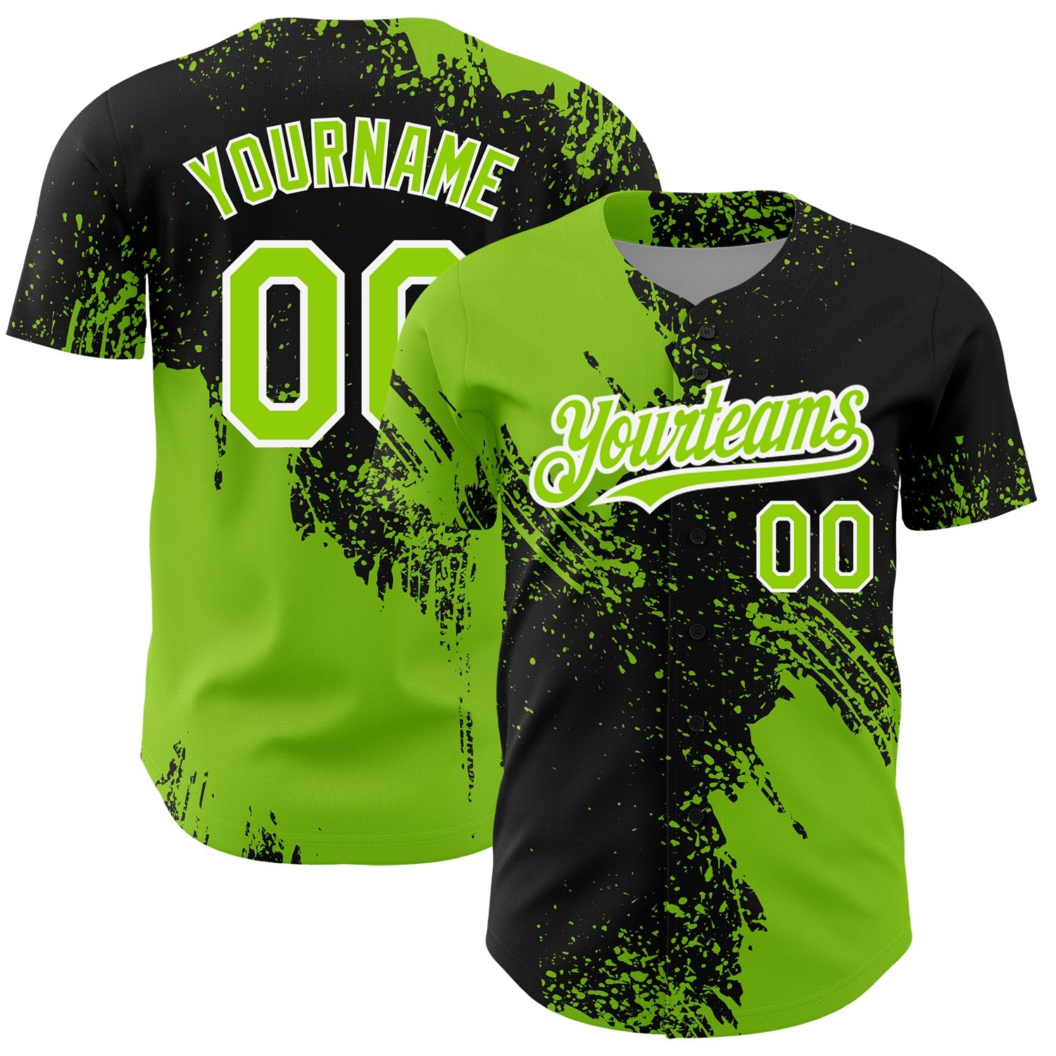 Custom Black Neon Green-White 3D Pattern Design Abstract Brush Stroke Authentic Baseball Jersey - Main View