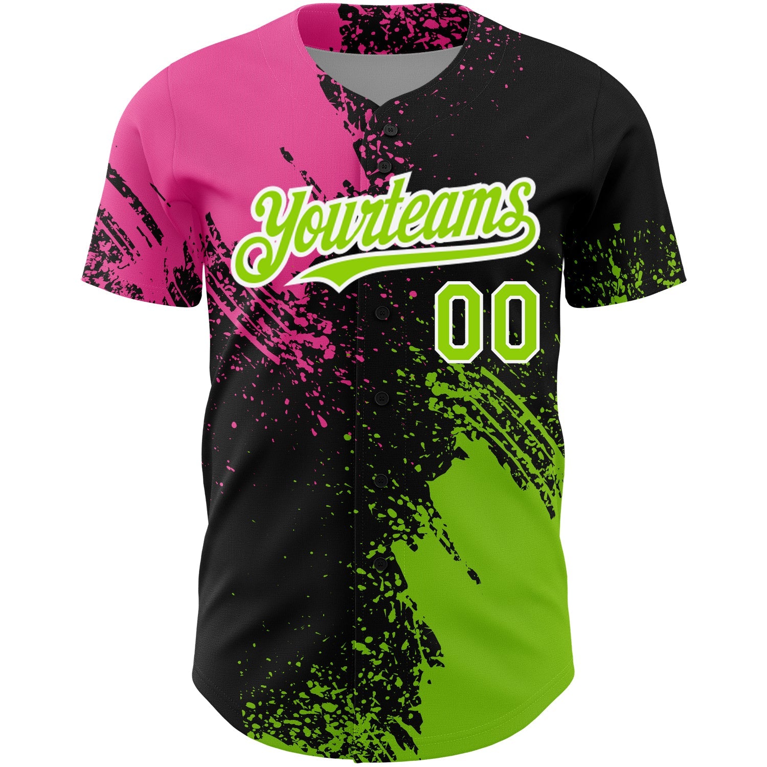 Custom Black Neon Green-Pink 3D Pattern Design Abstract Brush Stroke Authentic Baseball Jersey view 2