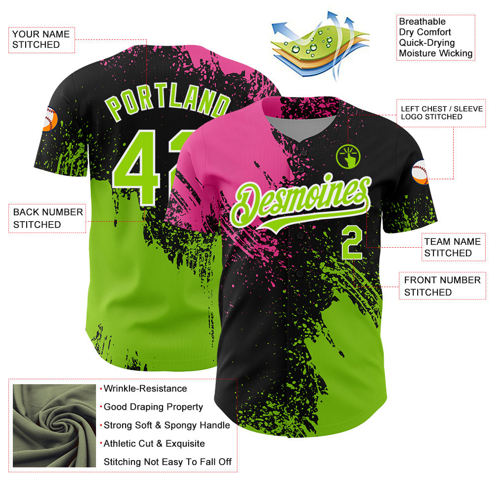 Custom Black Neon Green-Pink 3D Pattern Design Abstract Brush Stroke Authentic Baseball Jersey view 3