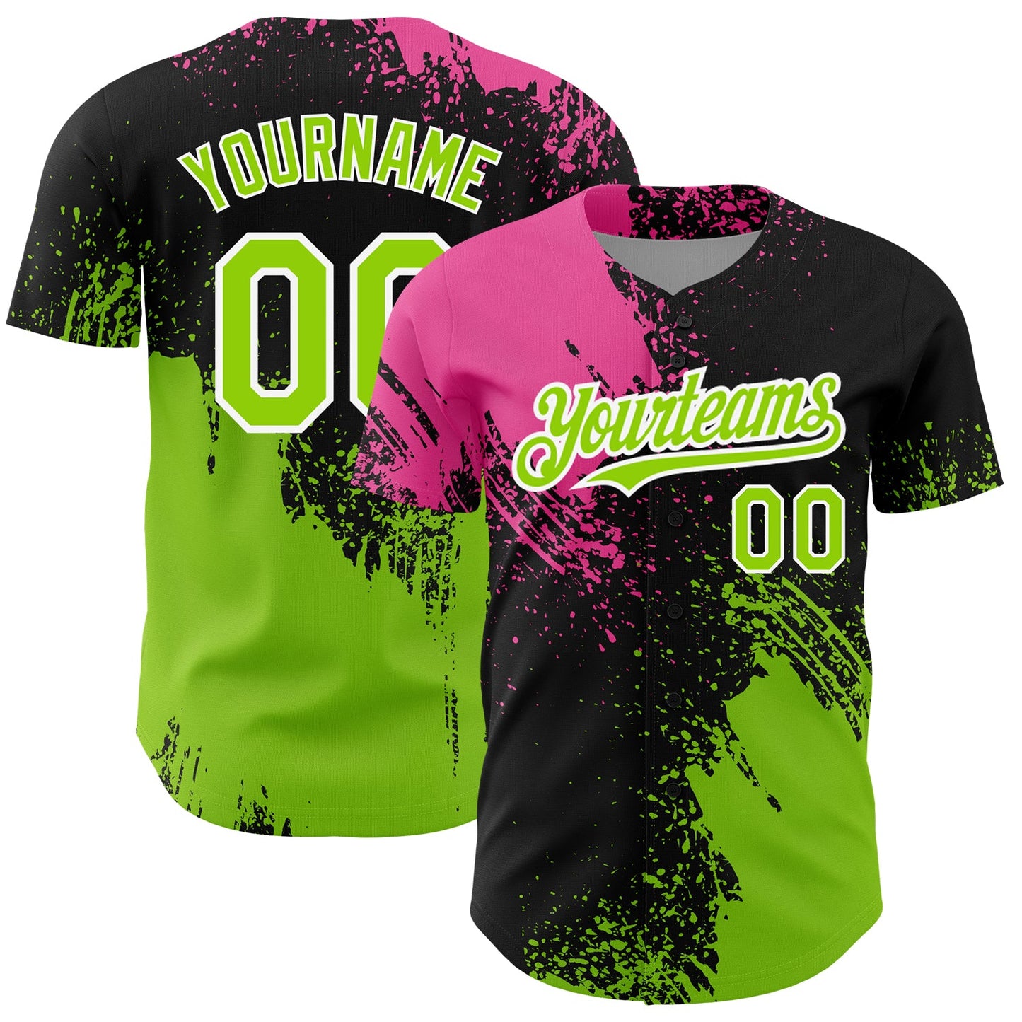 Custom Black Neon Green-Pink 3D Pattern Design Abstract Brush Stroke Authentic Baseball Jersey - Main View