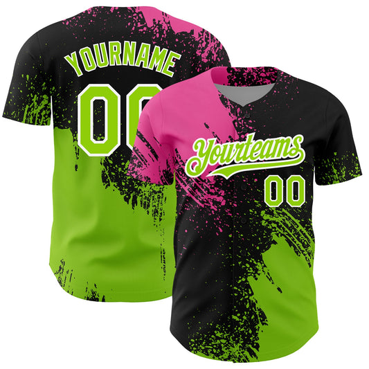 Custom Black Neon Green-Pink 3D Pattern Design Abstract Brush Stroke Authentic Baseball Jersey - Main View