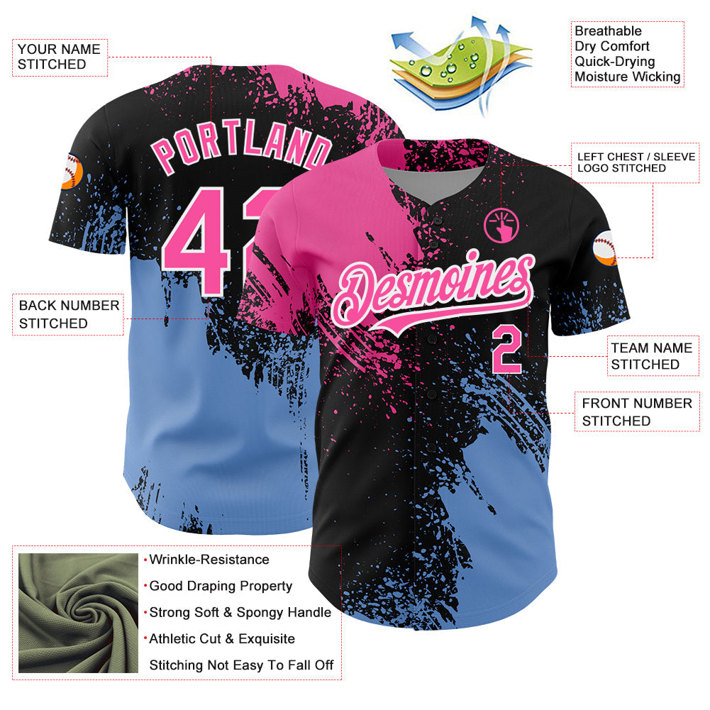 Custom Black Pink-Light Blue 3D Pattern Design Abstract Brush Stroke Authentic Baseball Jersey view 3