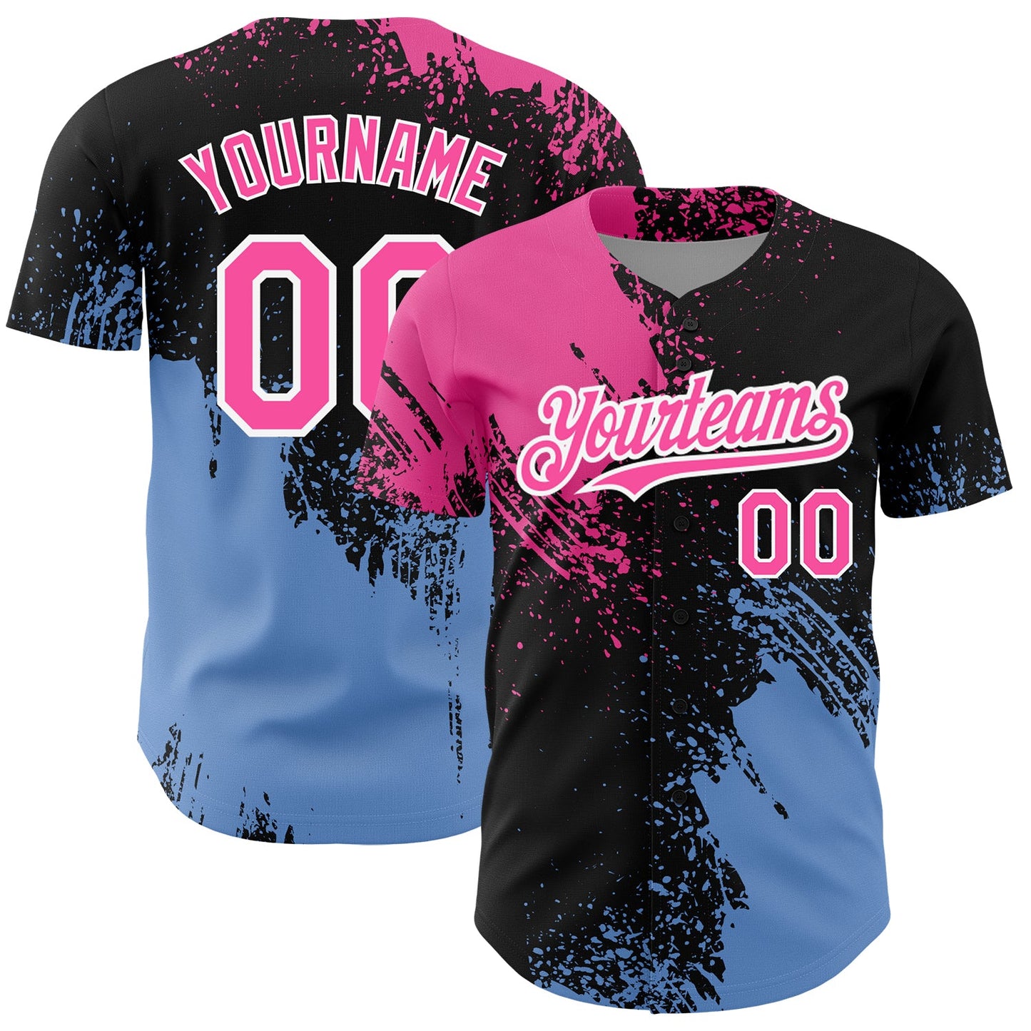 Custom Black Pink-Light Blue 3D Pattern Design Abstract Brush Stroke Authentic Baseball Jersey - Main View
