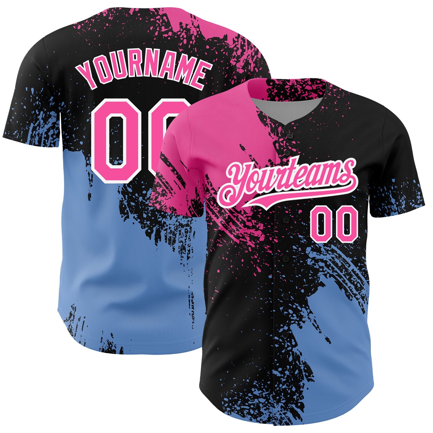 Custom Black Pink-Light Blue 3D Pattern Design Abstract Brush Stroke Authentic Baseball Jersey - Main View