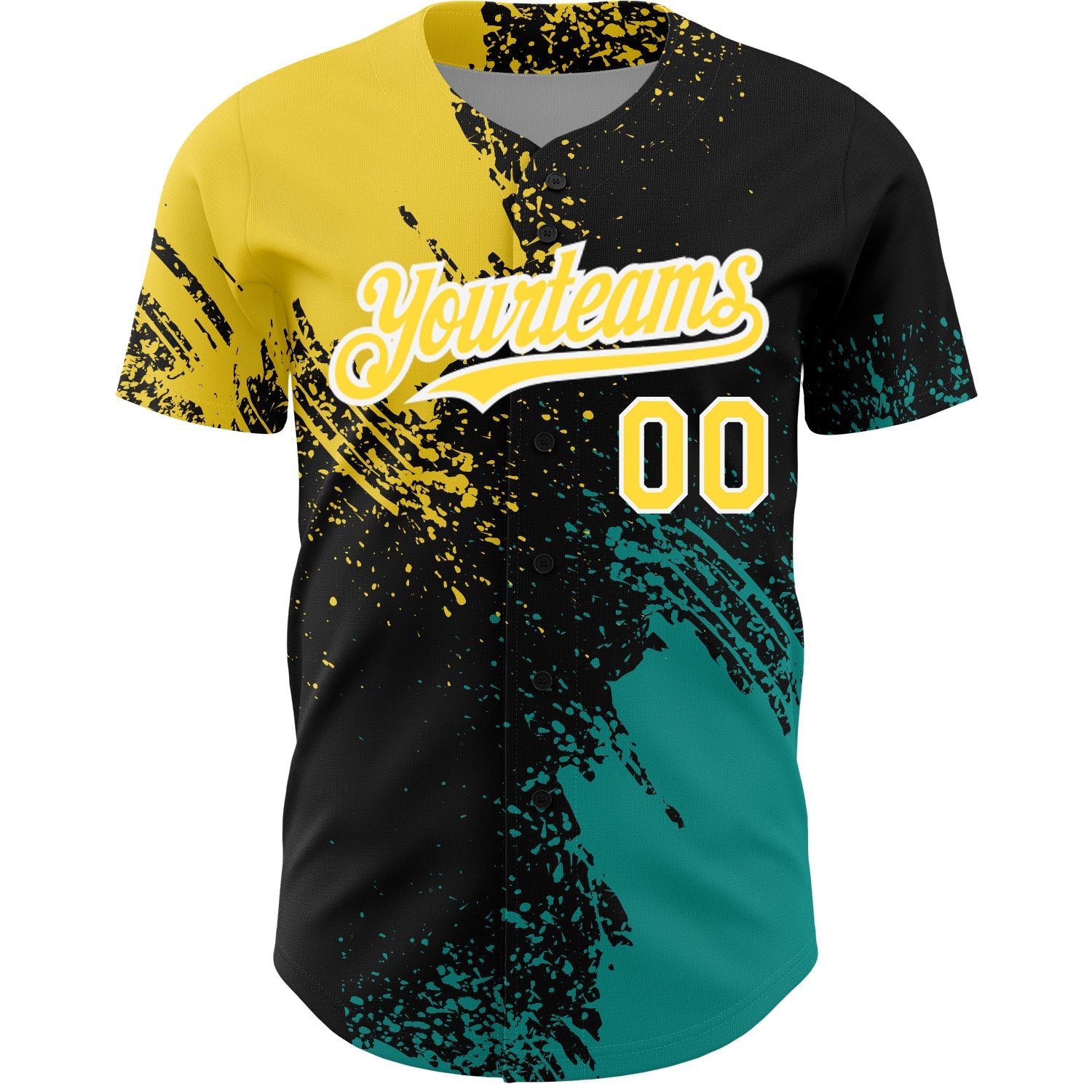 Custom Black Yellow-Teal 3D Pattern Design Abstract Brush Stroke Authentic Baseball Jersey view 2