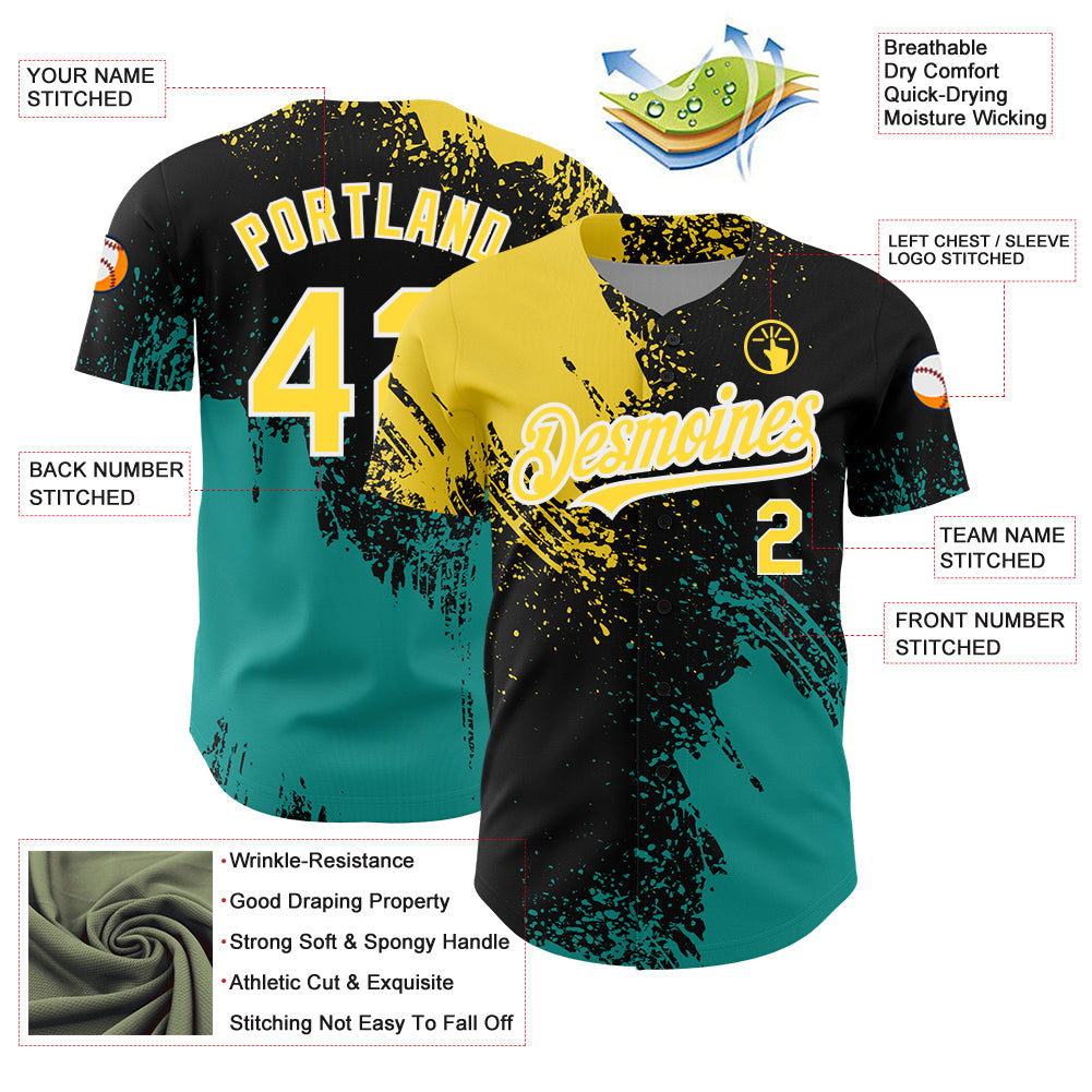 Custom Black Yellow-Teal 3D Pattern Design Abstract Brush Stroke Authentic Baseball Jersey view 3