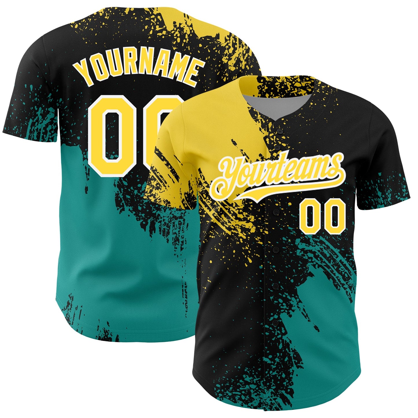 Custom Black Yellow-Teal 3D Pattern Design Abstract Brush Stroke Authentic Baseball Jersey - Main View