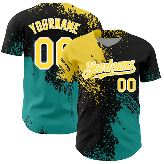 Custom Black Yellow-Teal 3D Pattern Design Abstract Brush Stroke Authentic Baseball Jersey - Main View