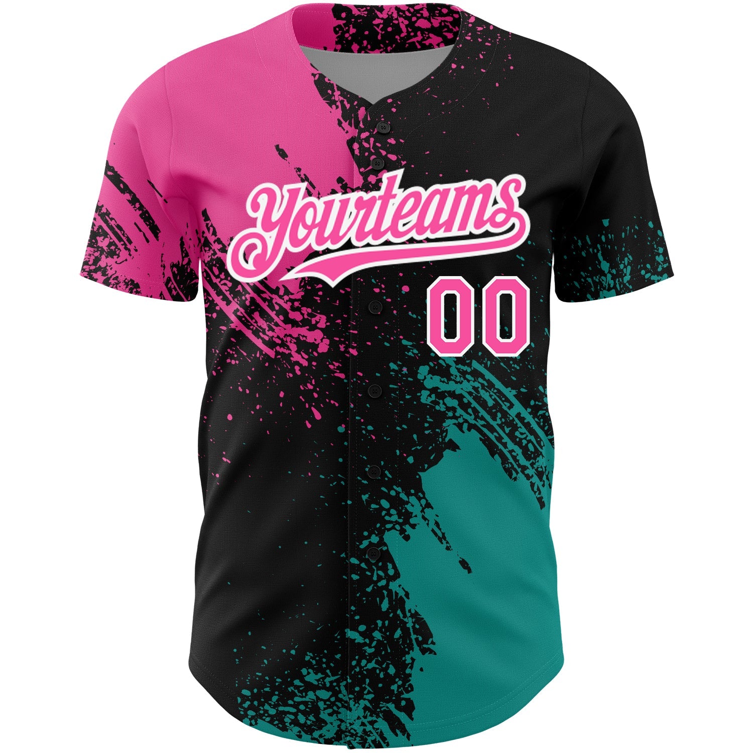 Custom Black Pink-Teal 3D Pattern Design Abstract Brush Stroke Authentic Baseball Jersey view 2