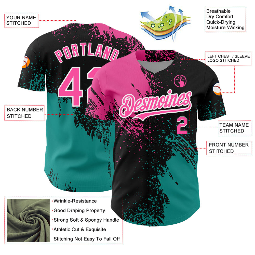 Custom Black Pink-Teal 3D Pattern Design Abstract Brush Stroke Authentic Baseball Jersey view 3