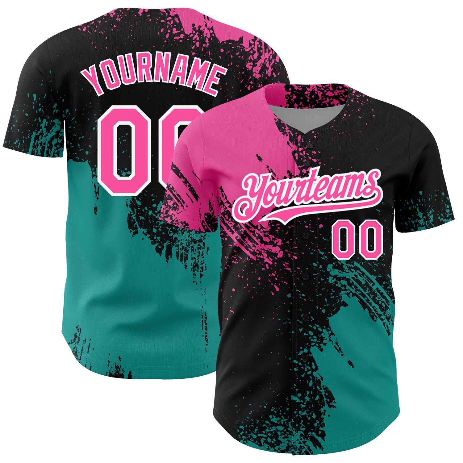 Custom Black Pink-Teal 3D Pattern Design Abstract Brush Stroke Authentic Baseball Jersey - Main View