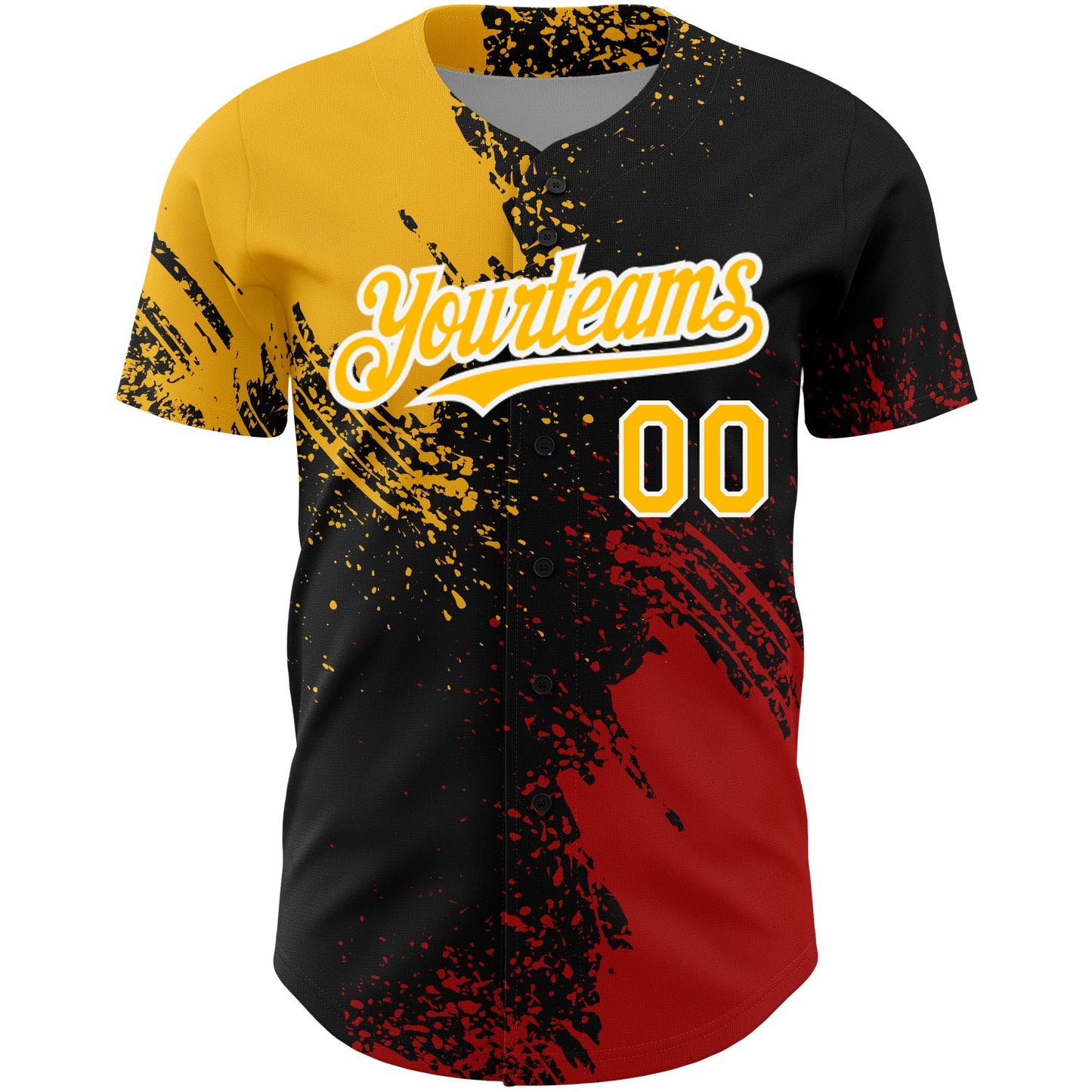 Custom Black Gold-Red 3D Pattern Design Abstract Brush Stroke Authentic Baseball Jersey view 2