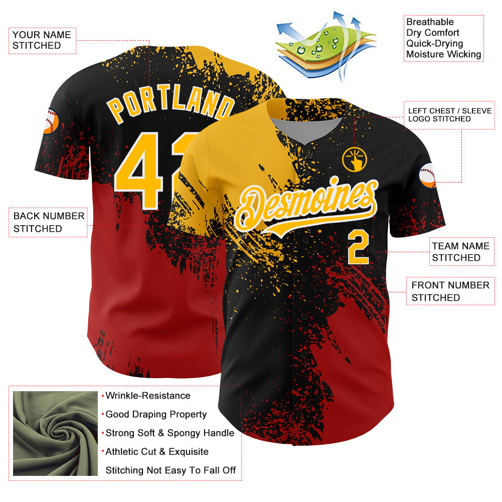 Custom Black Gold-Red 3D Pattern Design Abstract Brush Stroke Authentic Baseball Jersey view 3