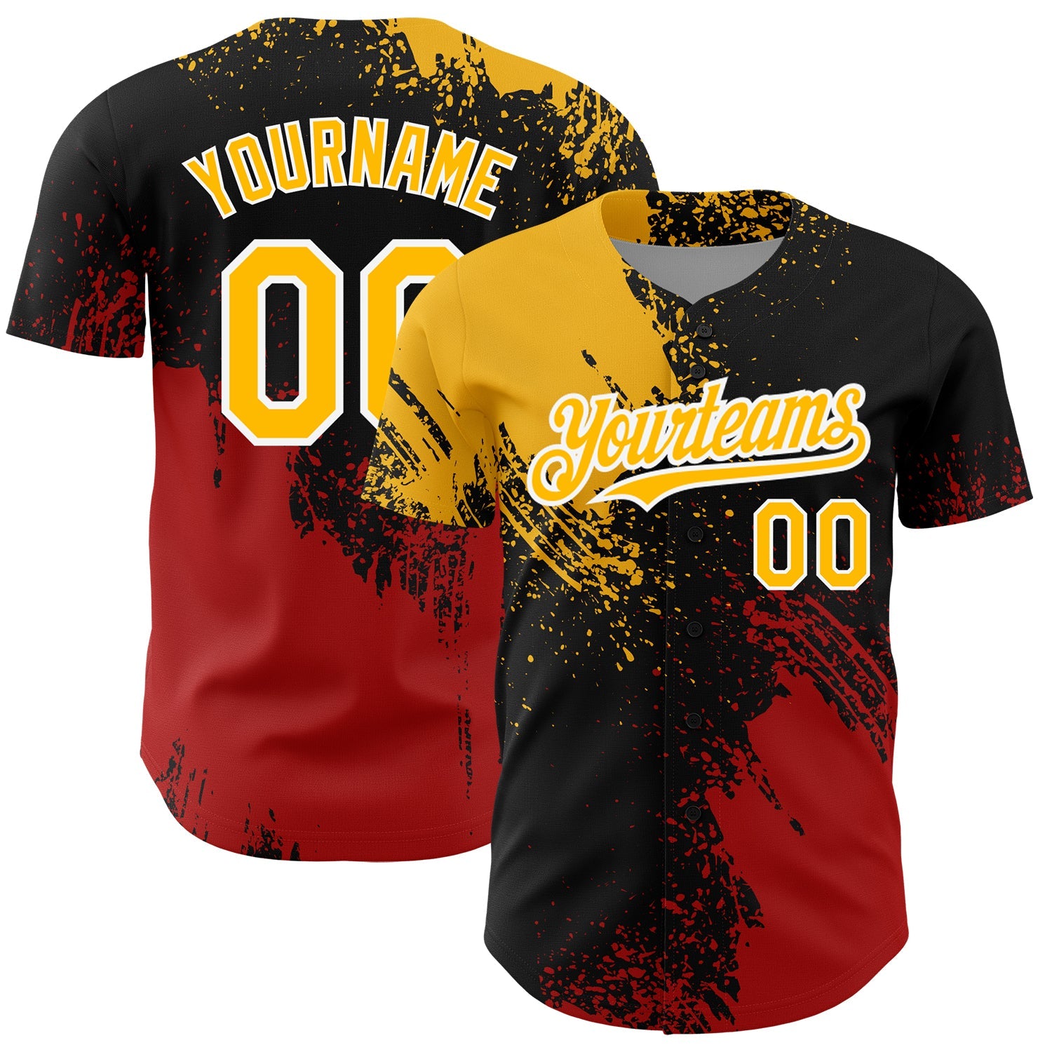 Custom Black Gold-Red 3D Pattern Design Abstract Brush Stroke Authentic Baseball Jersey - Main View