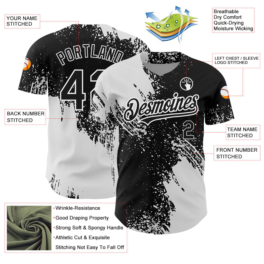 Custom Black White 3D Pattern Design Abstract Brush Stroke Authentic Baseball Jersey view 3