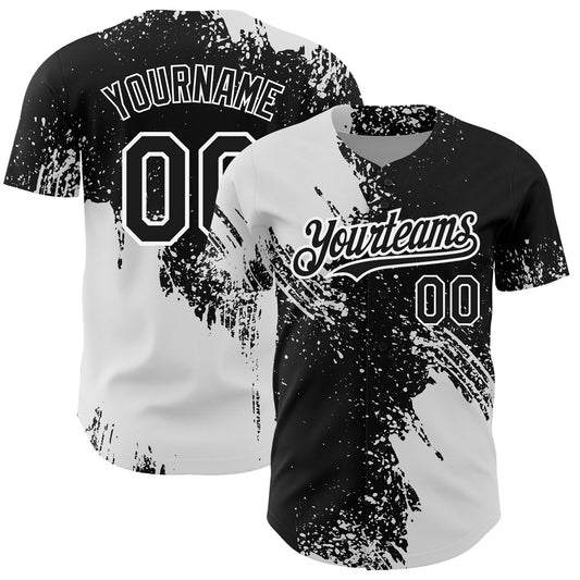 Custom Black White 3D Pattern Design Abstract Brush Stroke Authentic Baseball Jersey - Main View
